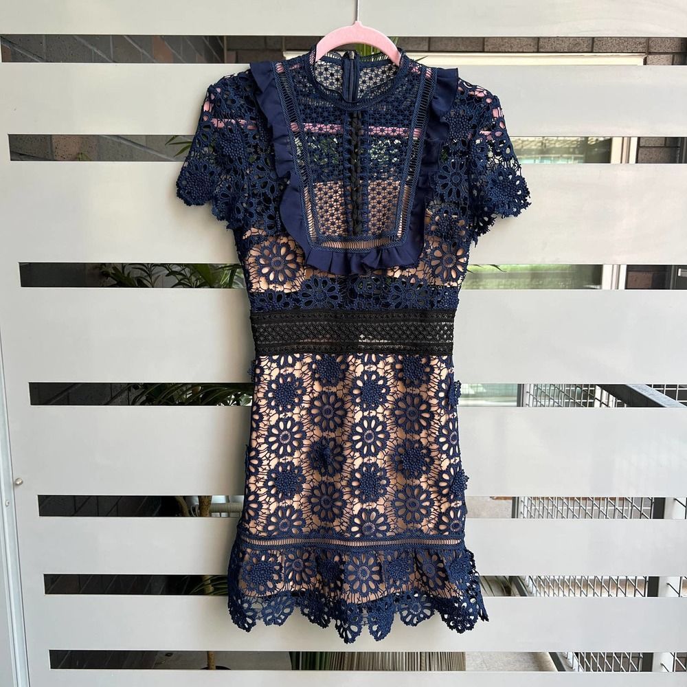 Self-Portrait Navy Floral Crochet Mini Dress with Black Waist Detail - Picture 3 of 14